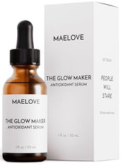 Maelove Glow Maker bottle closeup for premium daily brightening.