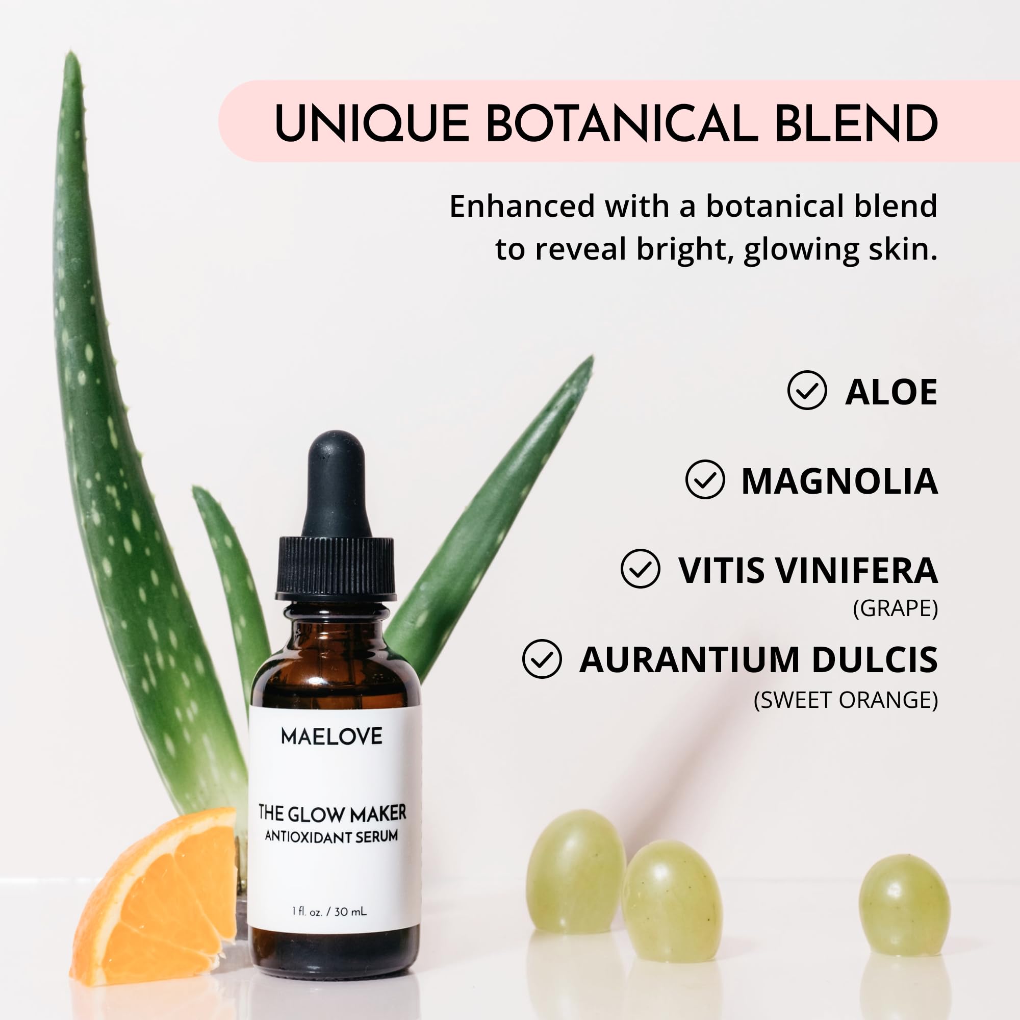 Maelove ingredients visual featuring vitamin C, E, ferulic, and hyaluronic acid.