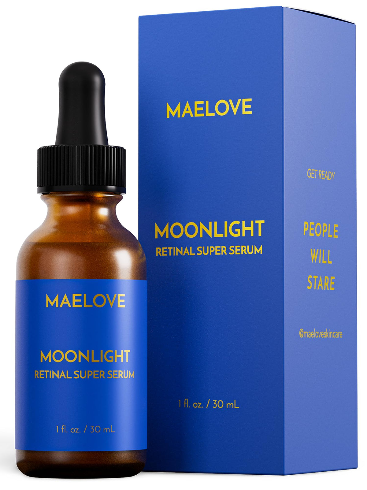 MAELOVE Moonlight Serum bottle close-up for a night routine promoting smoother, radiant skin.