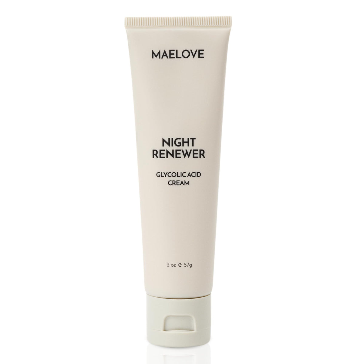 MAELOVE Night Renewer bottle closeup shows unscented, high-potency exfoliation for sensitive skin.