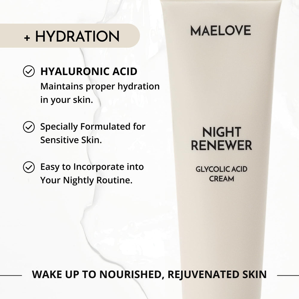 MAELOVE Night Renewer dermatologist-approved formulation signals trusted skincare.
