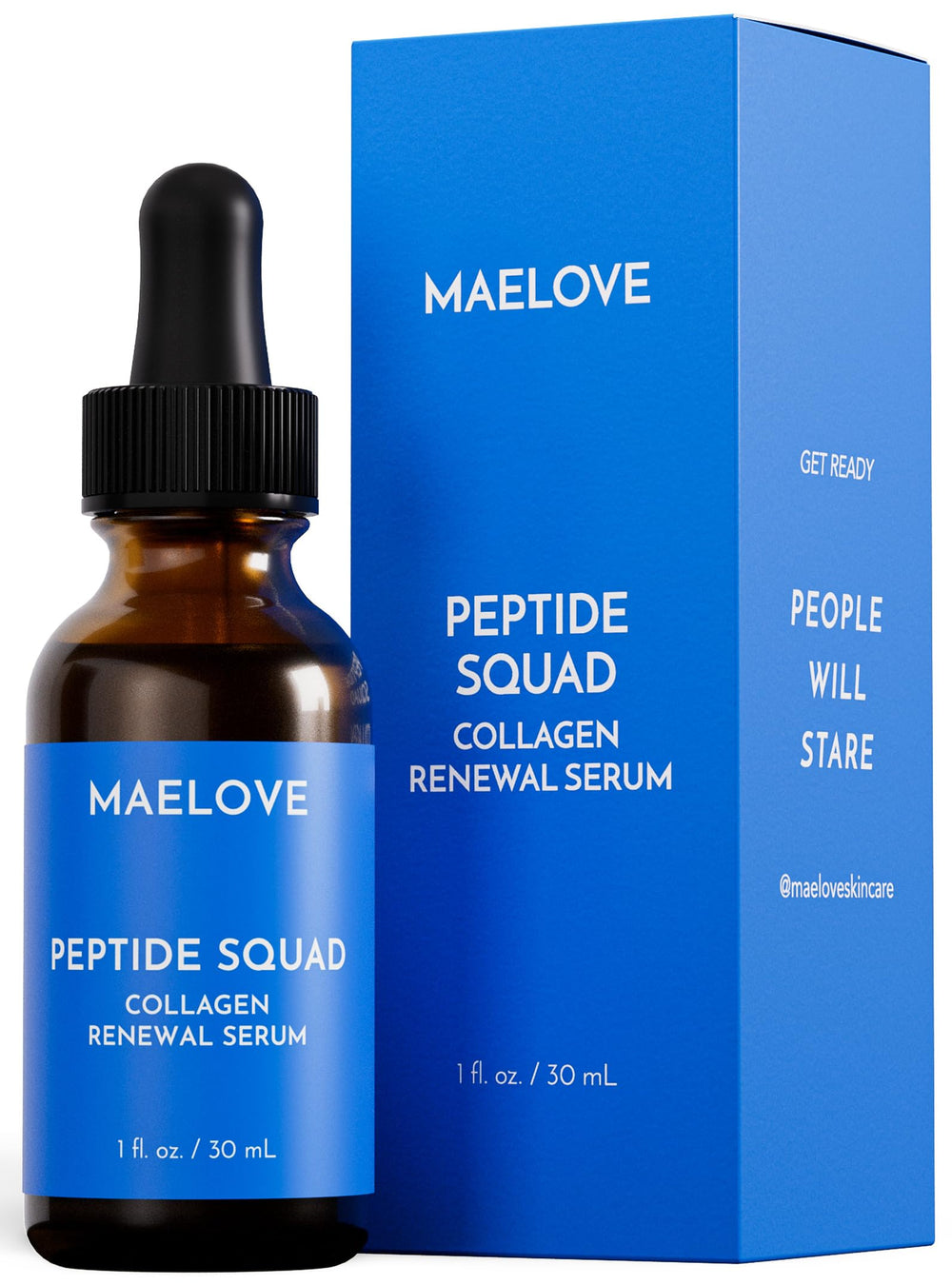 MAELOVE Peptide Squad serum bottle close-up highlighting hydration boost.