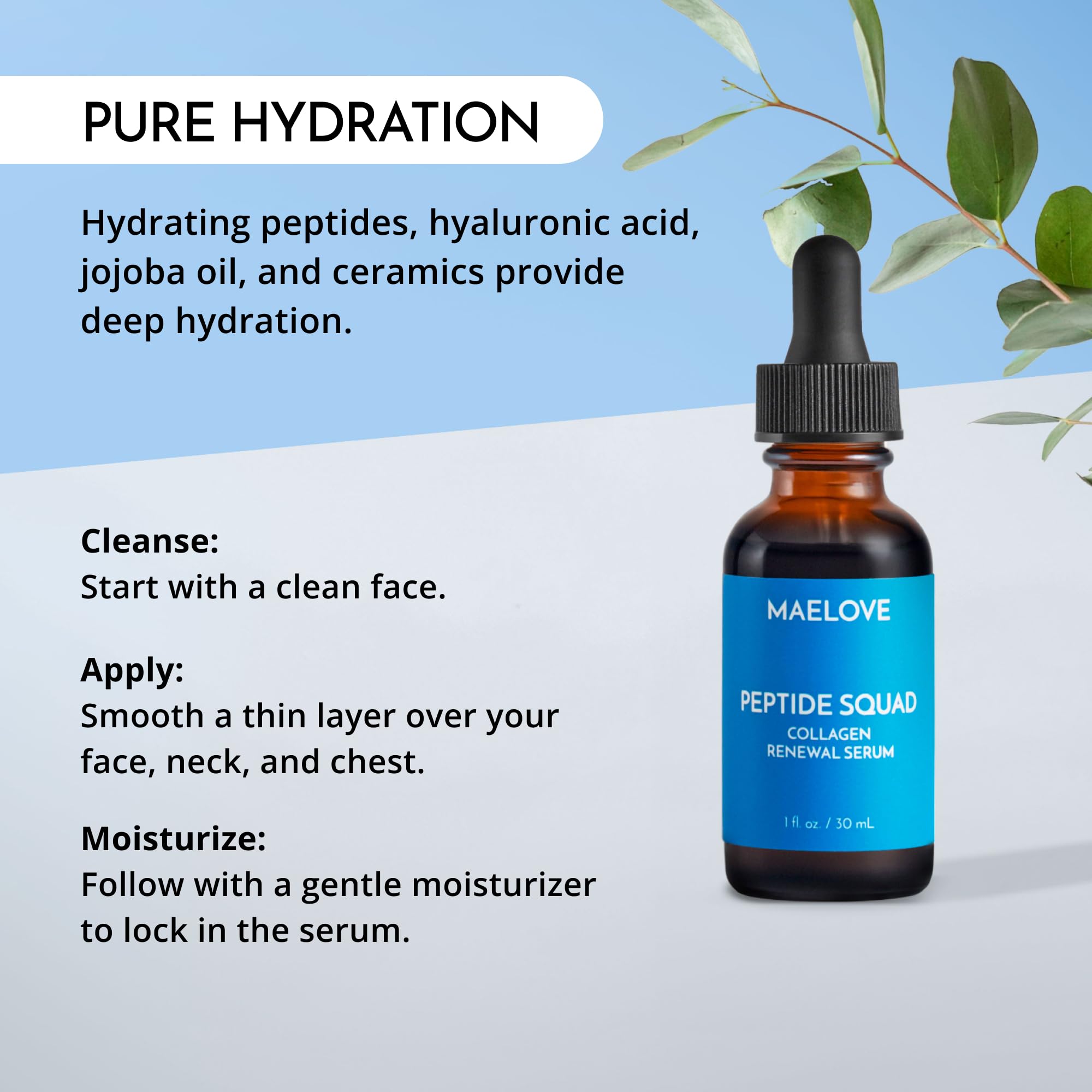 MAELOVE Peptide Squad ingredient close-up shows copper peptides and hyaluronic acid for hydration.