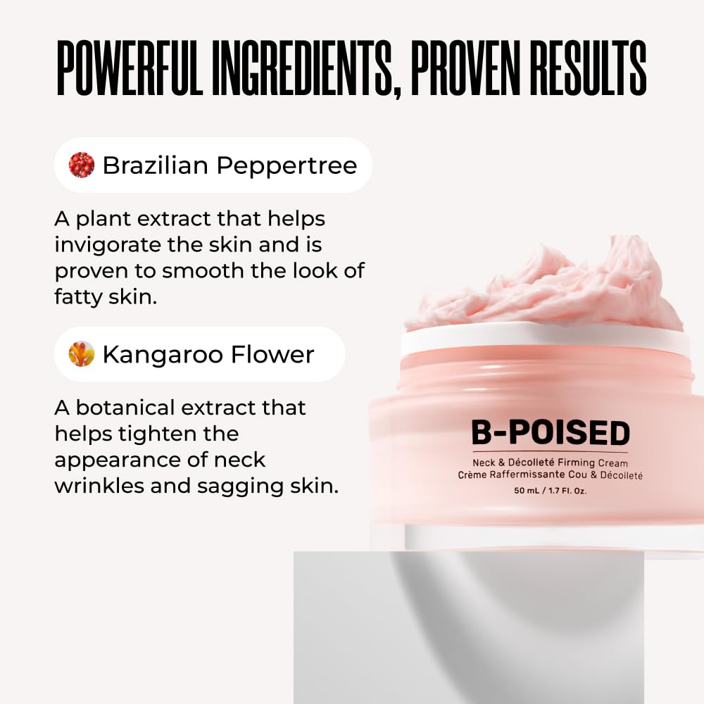 Maëlys B-Poised product display suggests daily neck and décolletage care.