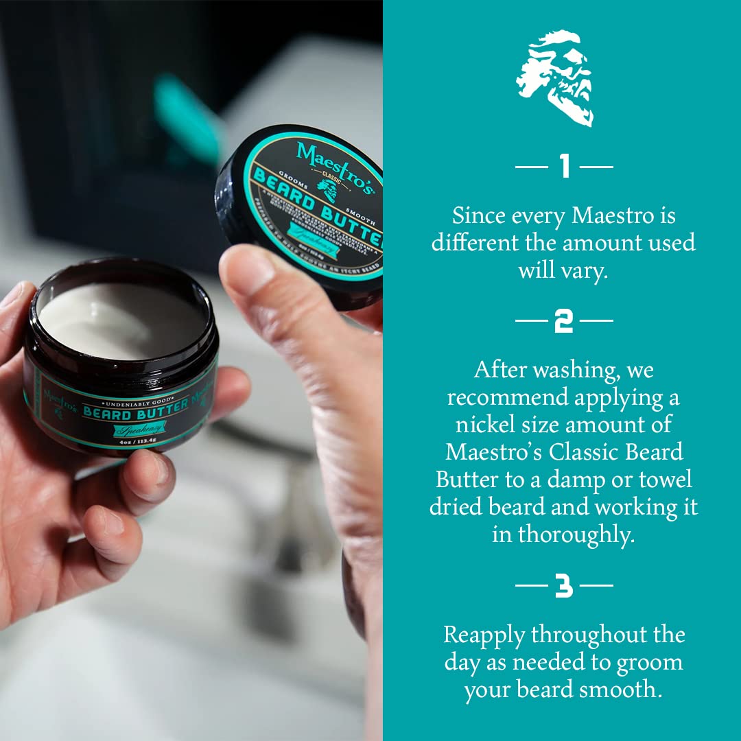 Maestro's Classic Beard Butter applied to a damp beard for smoother grooming.