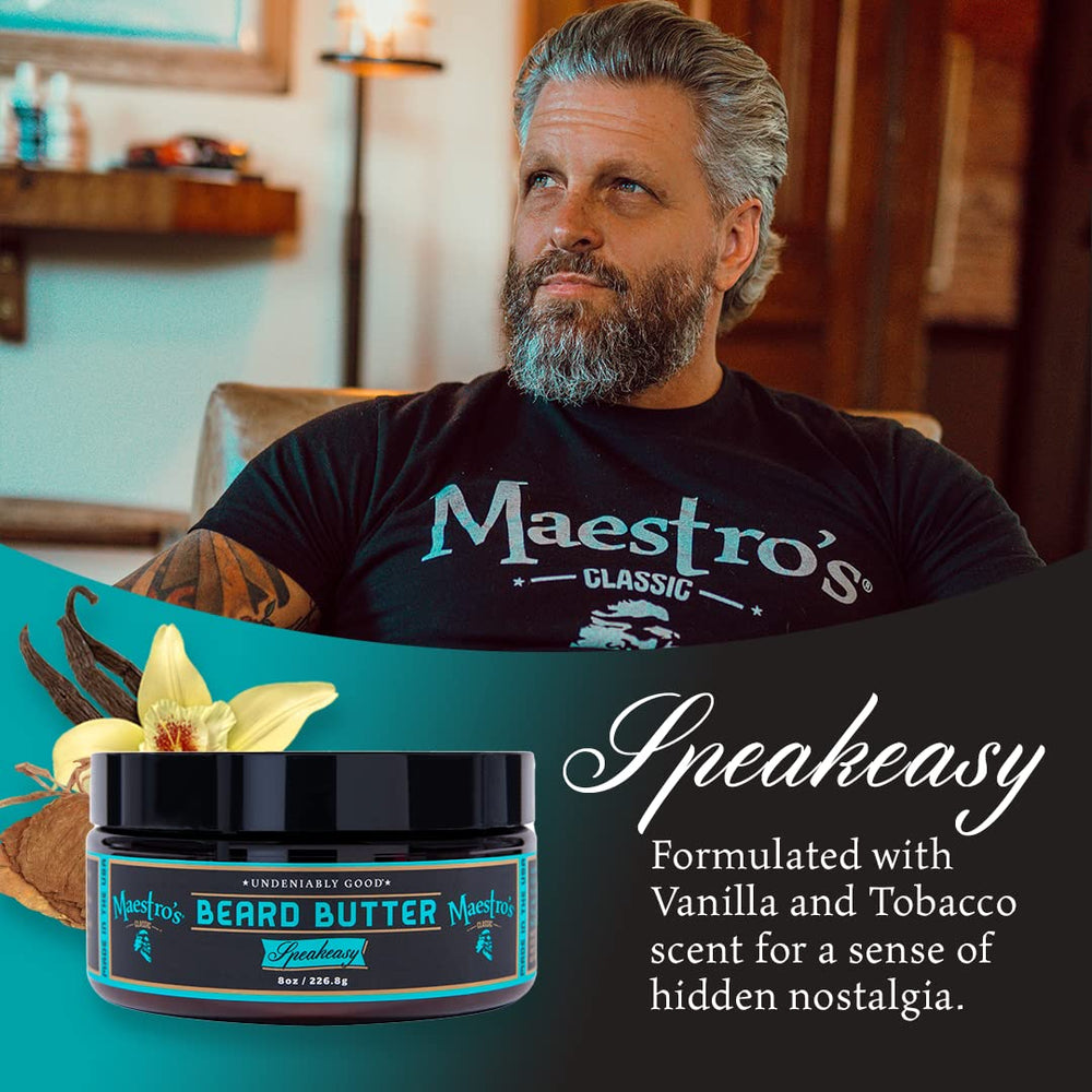 Maestro's Classic Beard Butter dime-sized application on finger for even distribution.