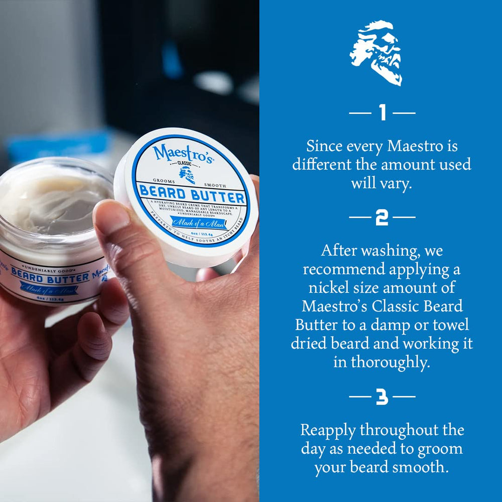 Maestro's Classic beard butter on beard application for grooming control and itch relief.