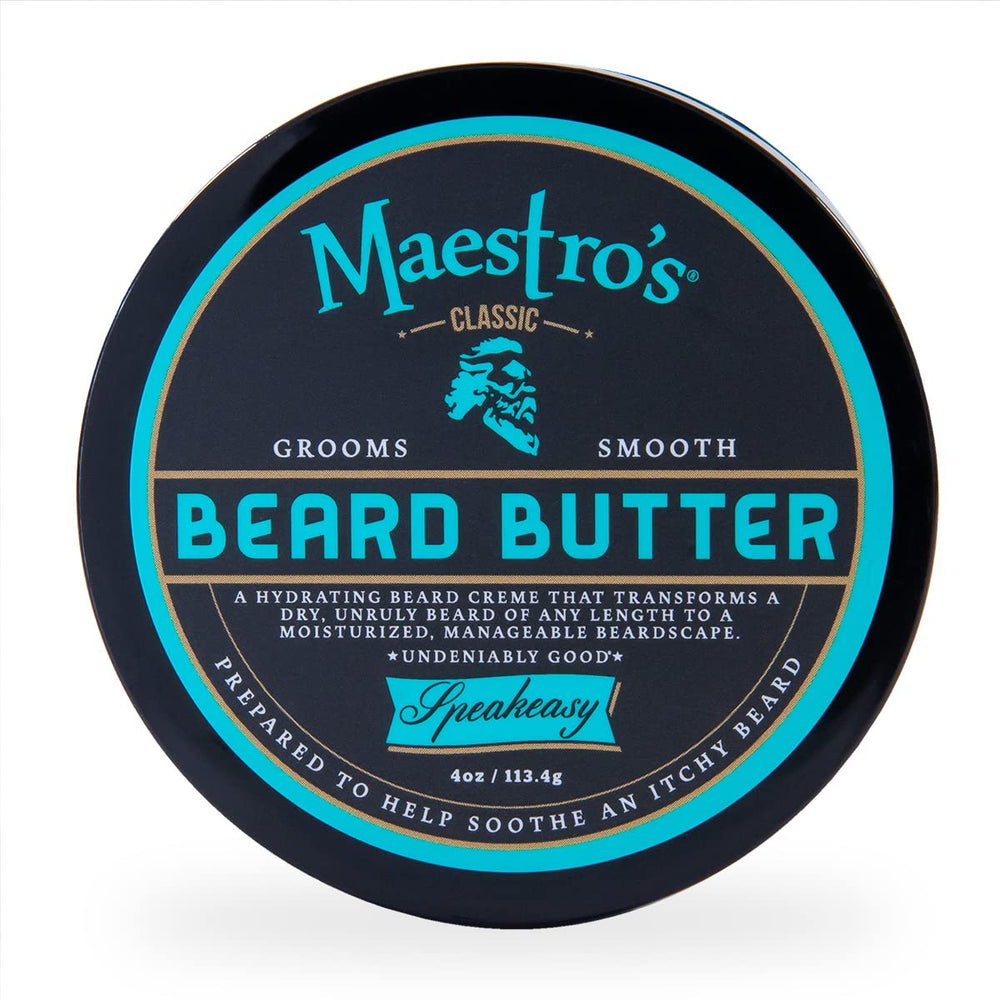 Maestro's Classic Beard Butter Speakeasy blend jar ready for daily moisture and style.