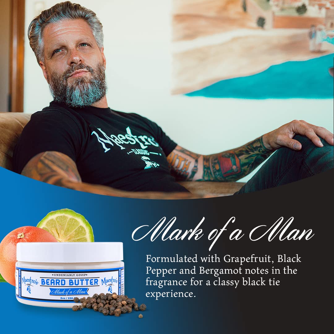 Maestro's Classic beard butter texture close-up highlighting creamy hydration for softer beard hair.