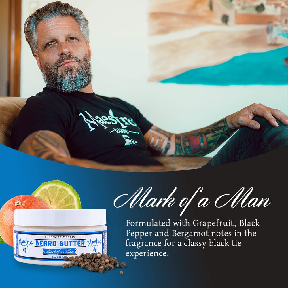Maestro's Classic beard butter texture close-up highlighting creamy hydration for softer beard hair.
