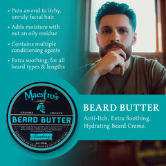 Maestro's Classic Beard Butter vanilla tobacco scent label evokes nostalgic mood.