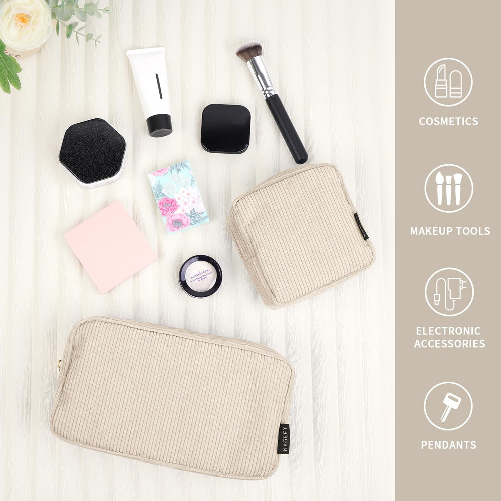 MAGEFY corduroy makeup bag beige in hand, portable for everyday carry.
