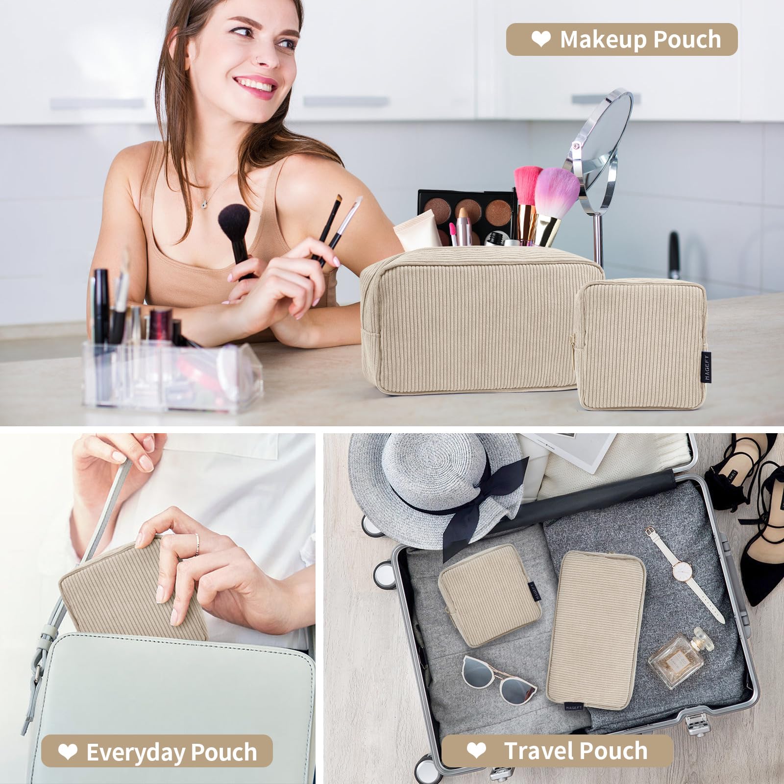 MAGEFY corduroy makeup bag beige two-pack offers versatile styling options.