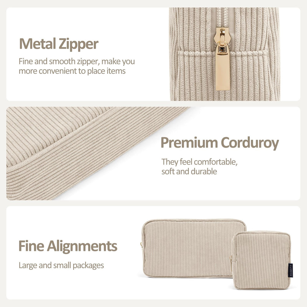 MAGEFY corduroy makeup bag beige zipper detail showcases durable closure for secure cosmetics.