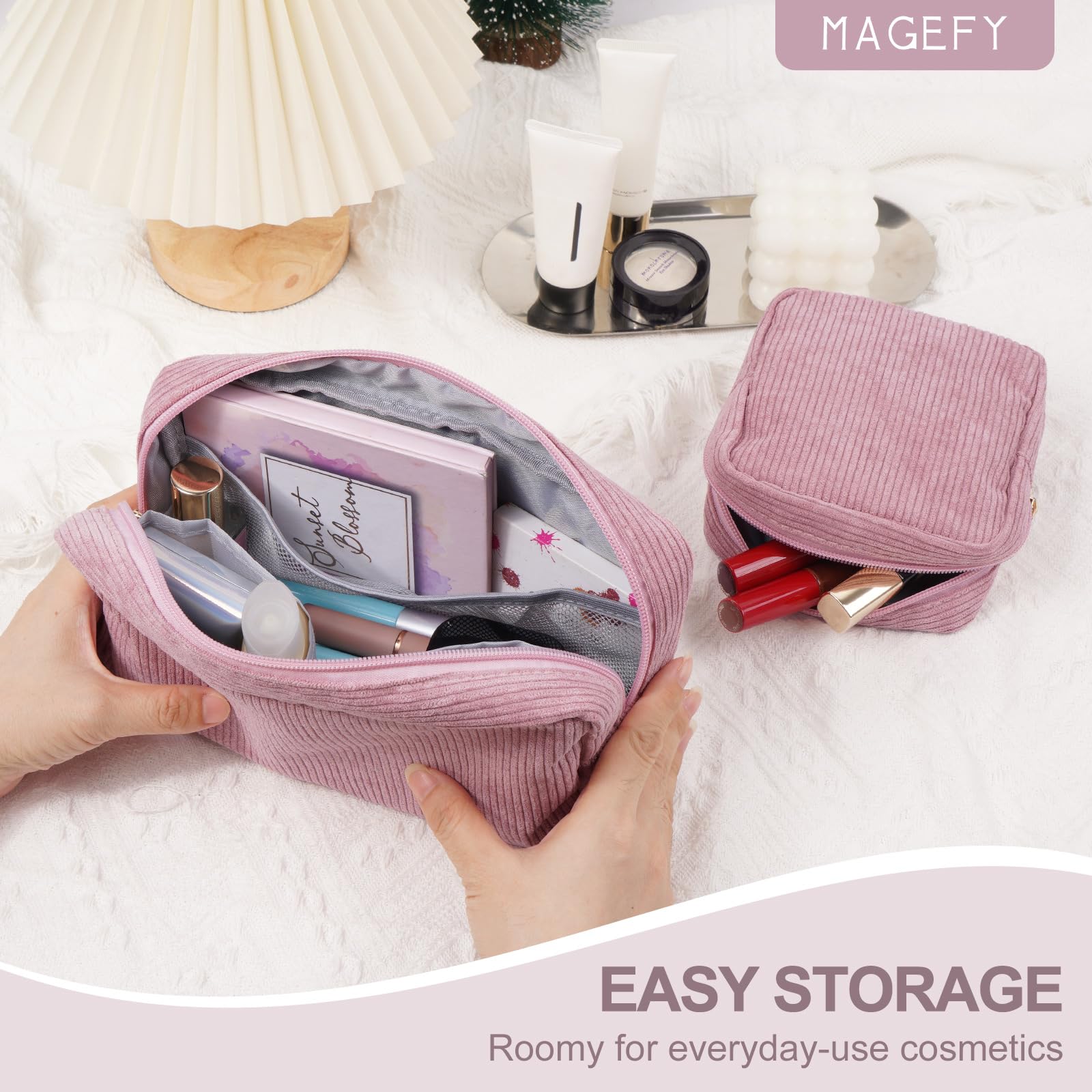 MAGEFY corduroy makeup bag interior pockets on both sides keep cosmetics organized.