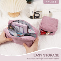 MAGEFY corduroy makeup bag interior pockets on both sides keep cosmetics organized.