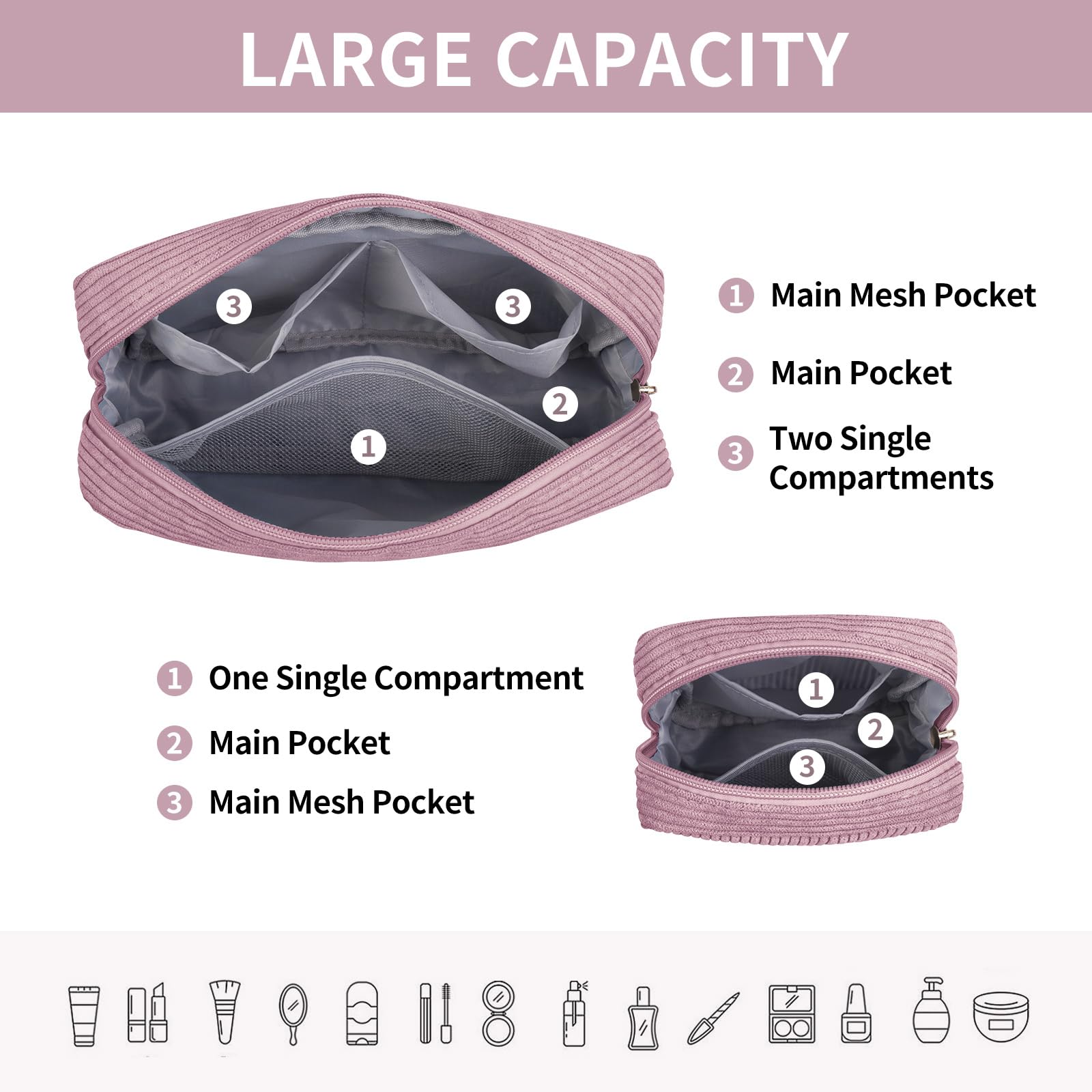 MAGEFY corduroy makeup bag cube pink ideal compact storage.