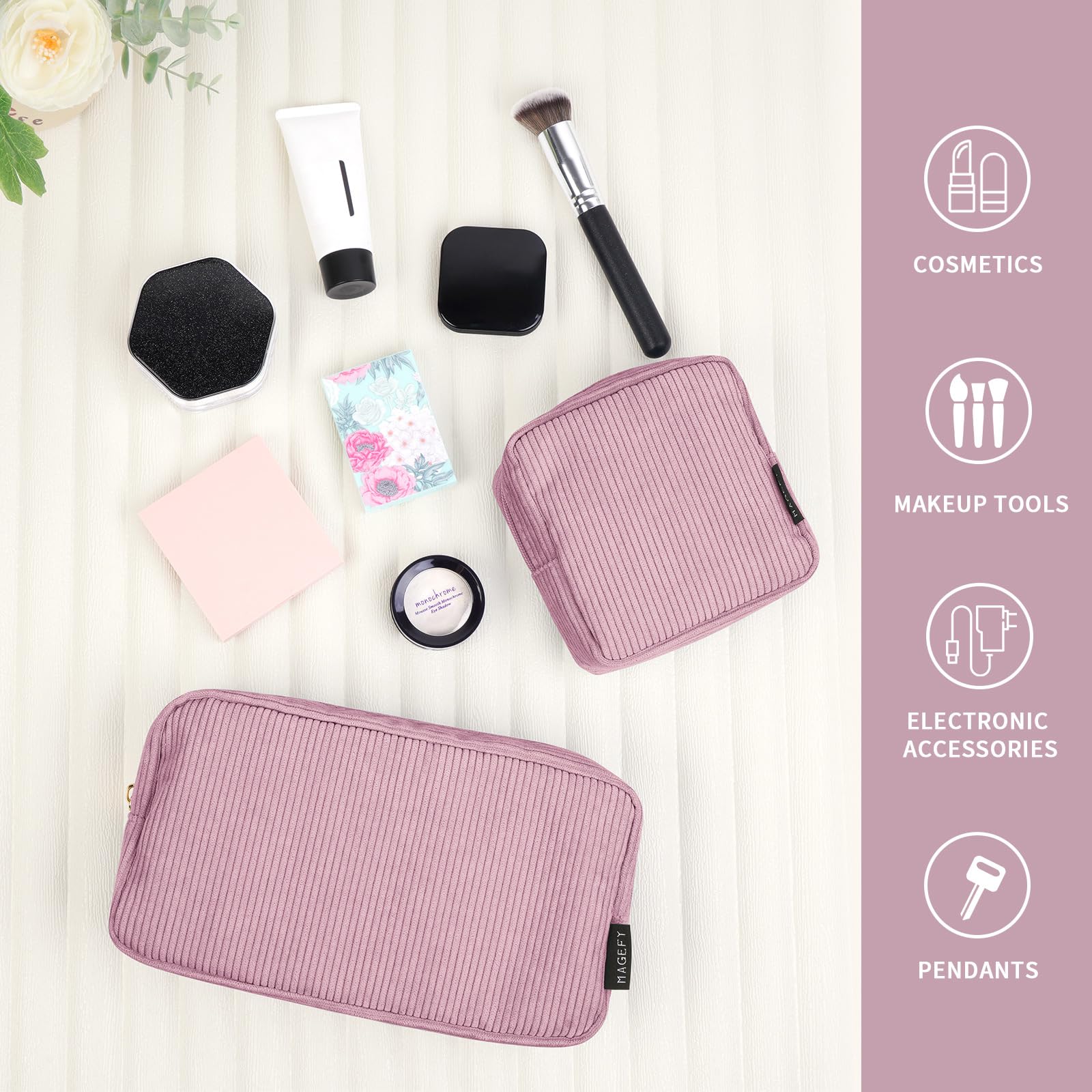 MAGEFY makeup bag color options (pink and more) for daily or travel use.