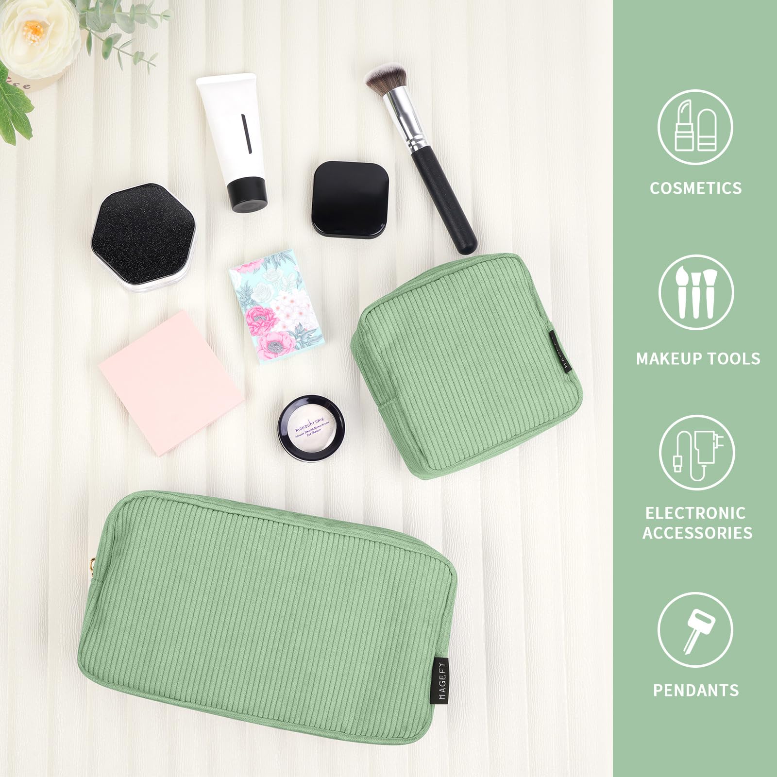 MAGEFY makeup bag green in-hand demonstrates portable design