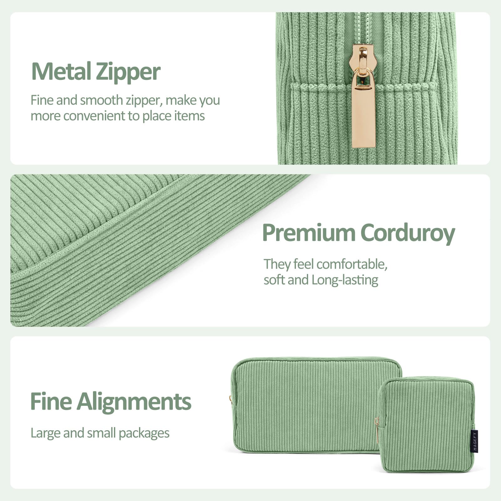 MAGEFY green travel-sized makeup bag fits purses and backpacks
