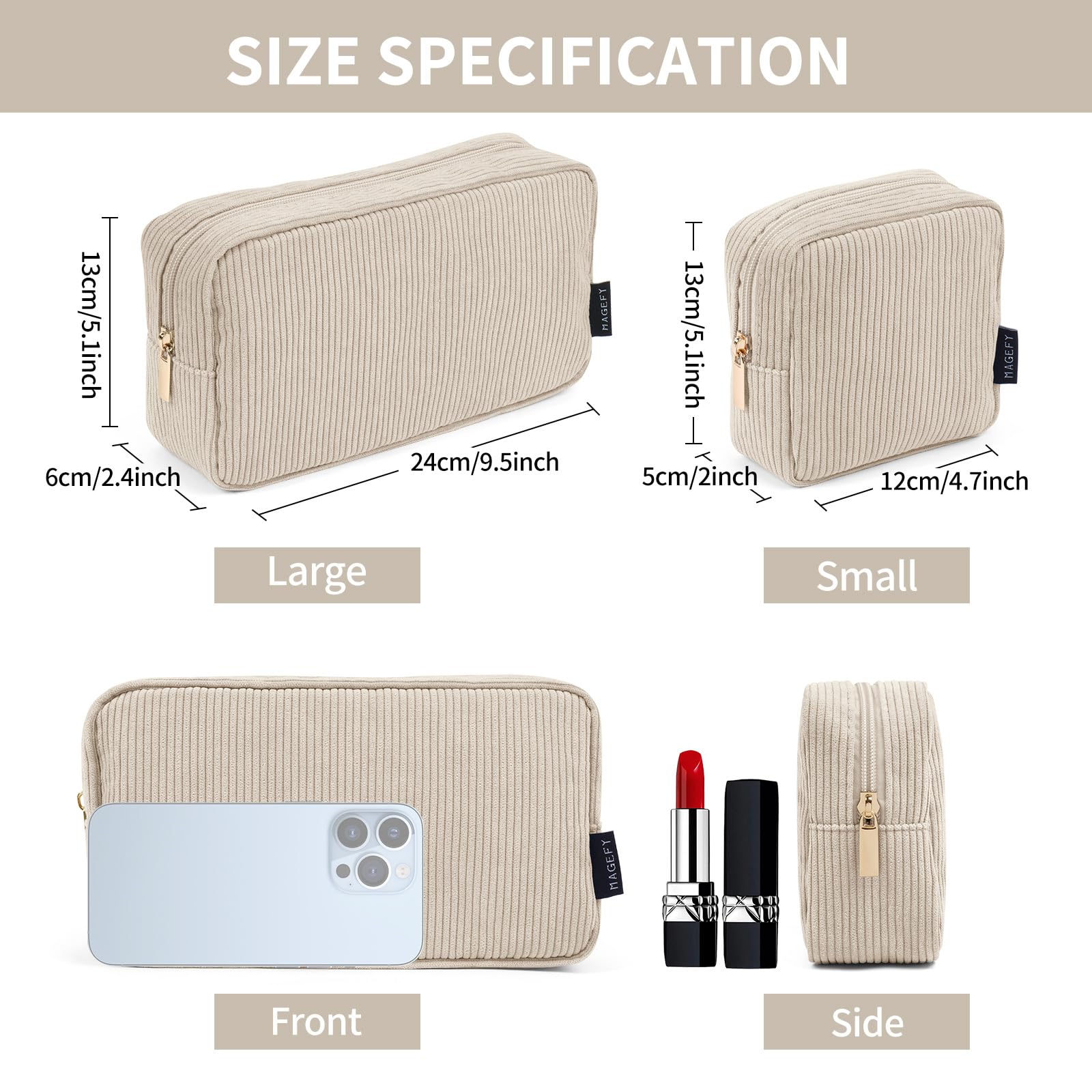 MAGEFY makeup bag with side pockets keeps items separated during travel.