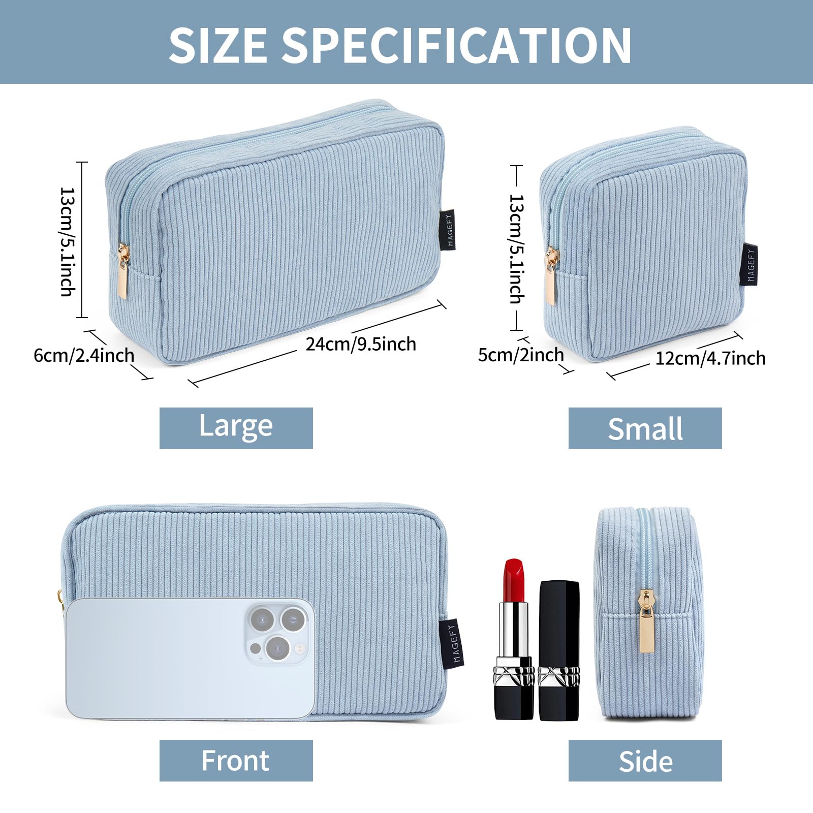 MAGEFY travel-ready makeup bag compact design fits in backpacks and purses.