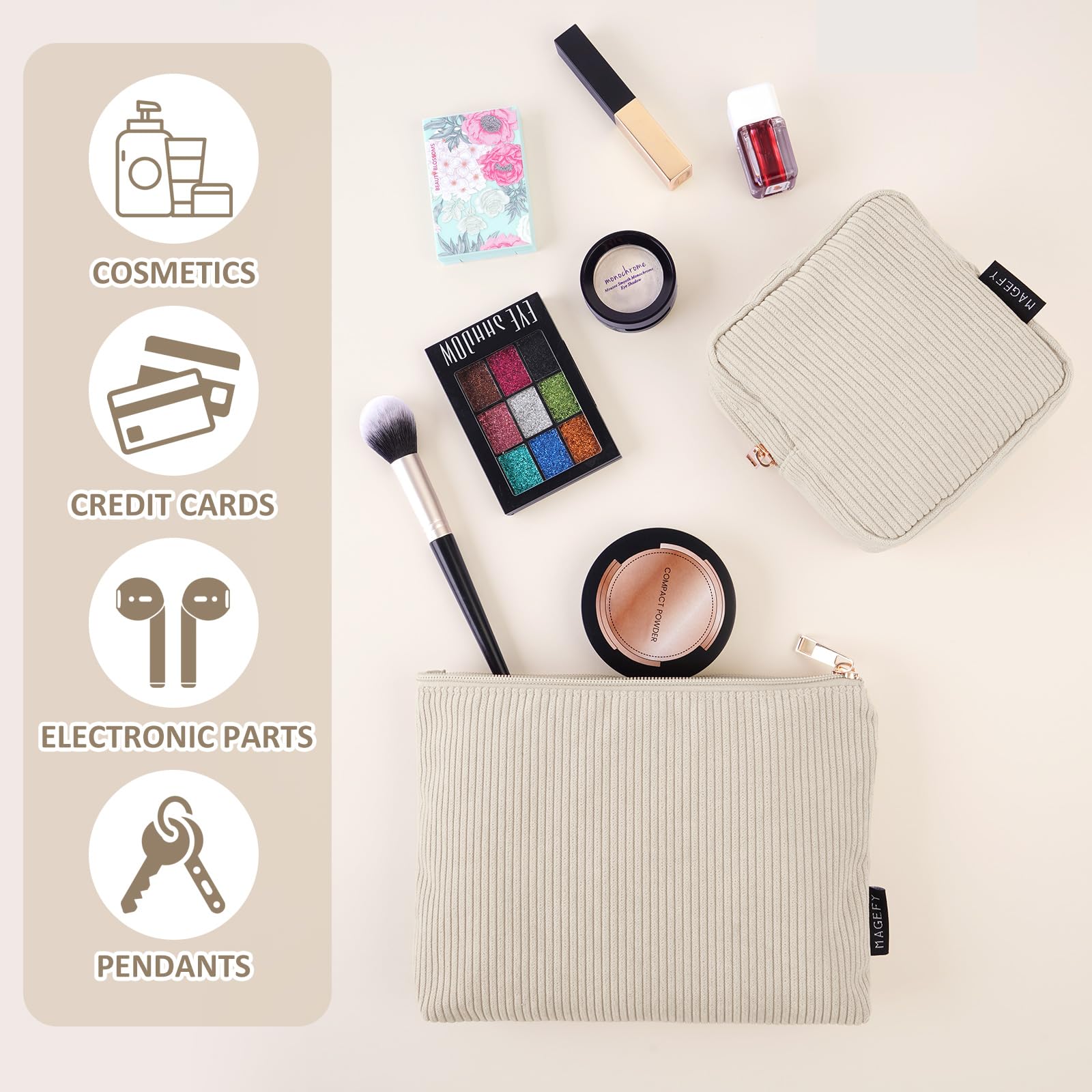 MageFY mini beige pouch with double pockets demonstrates compact storage for on-the-go touchups