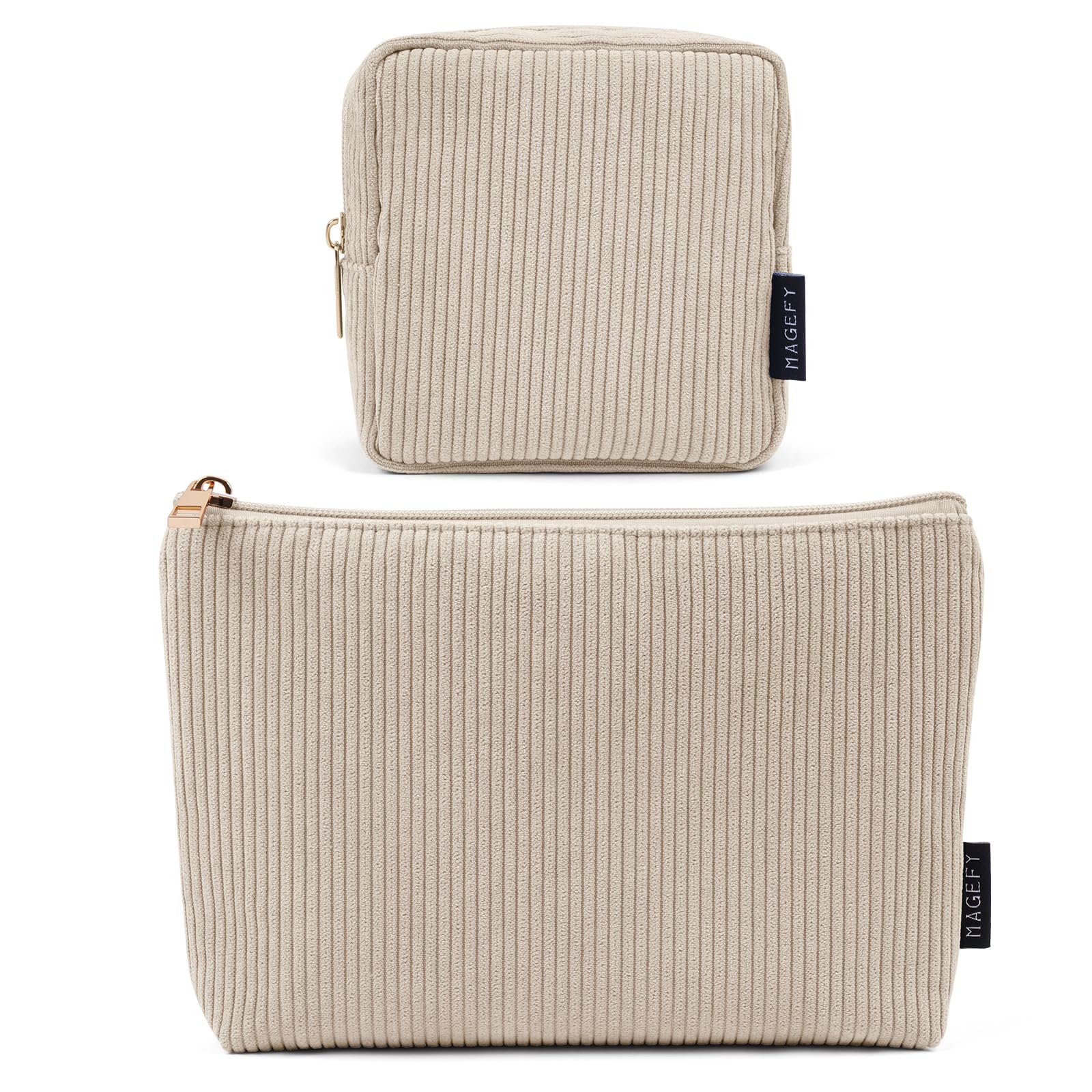 MageFY small makeup bag beige front view showing soft corduroy texture for everyday cosmetics