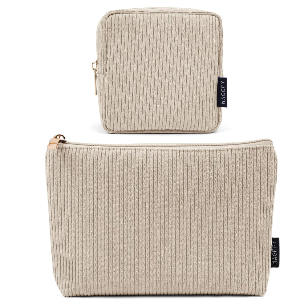 MageFY small makeup bag beige front view showing soft corduroy texture for everyday cosmetics