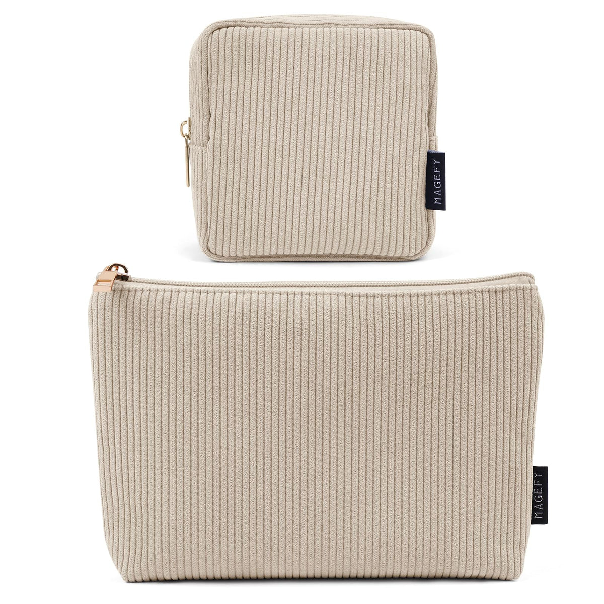 MageFY small makeup bag beige front view showing soft corduroy texture for everyday cosmetics