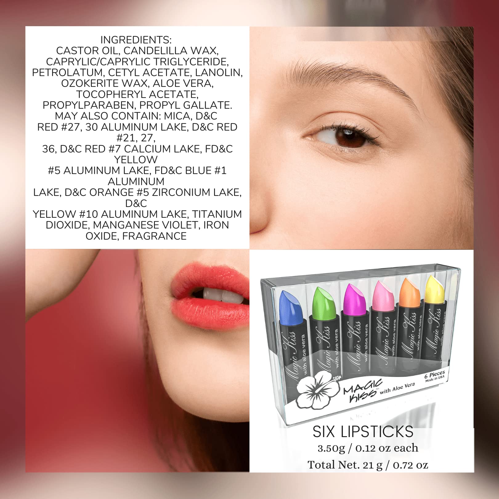 Magic Kiss Aloe Vera lipstick with hydrating formula helps lips feel comfortable.