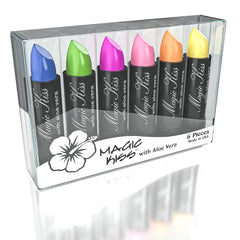 Magic Kiss color-changing lipstick set highlighting temperature-activated shade shift for dynamic lip color.