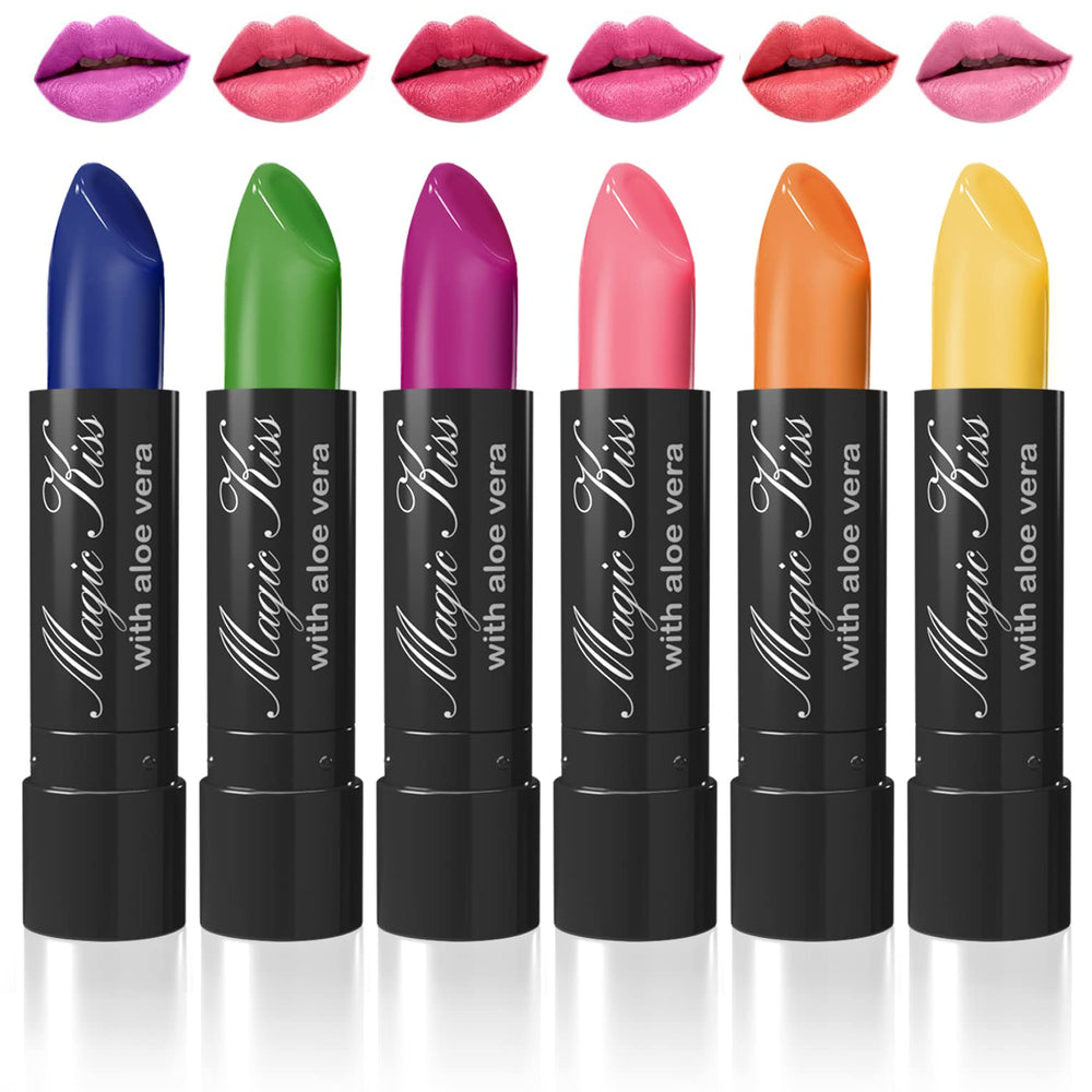 Magic Kiss color-changing lipstick set front view with six tubes ready for versatile day-to-night color.