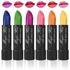 Magic Kiss color-changing lipstick set front view with six tubes ready for versatile day-to-night color.