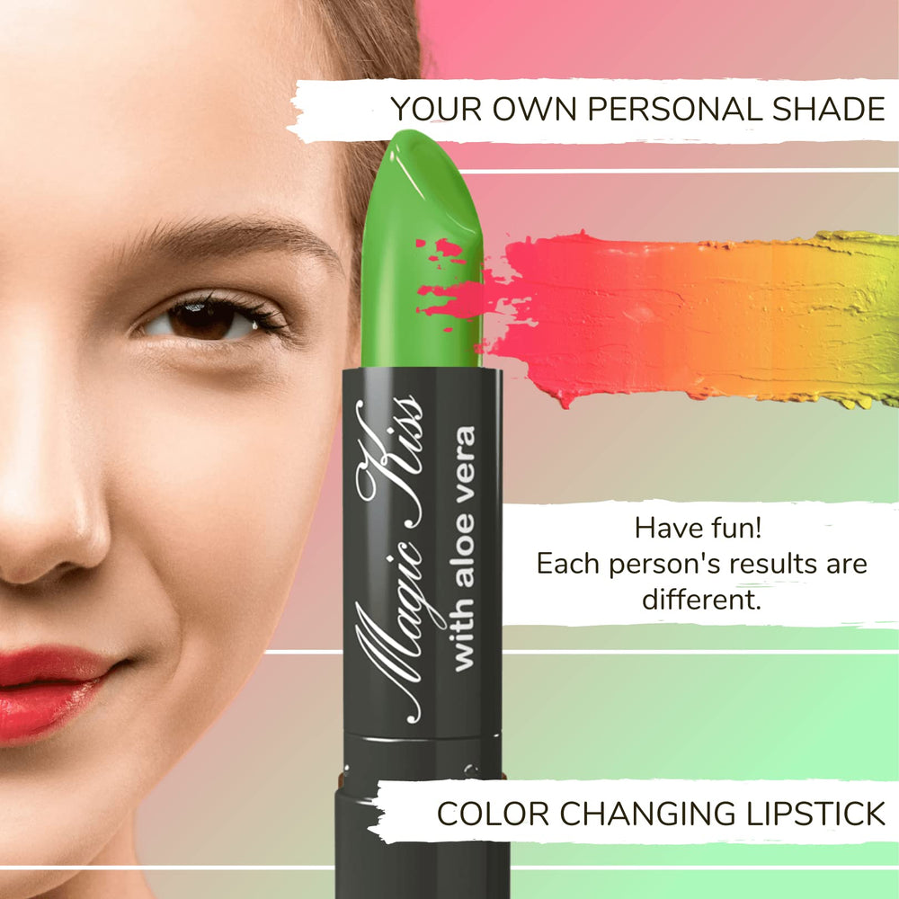 Magic Kiss lipstick swatches on lips show pink-to-red adaptation for expressive makeup looks.