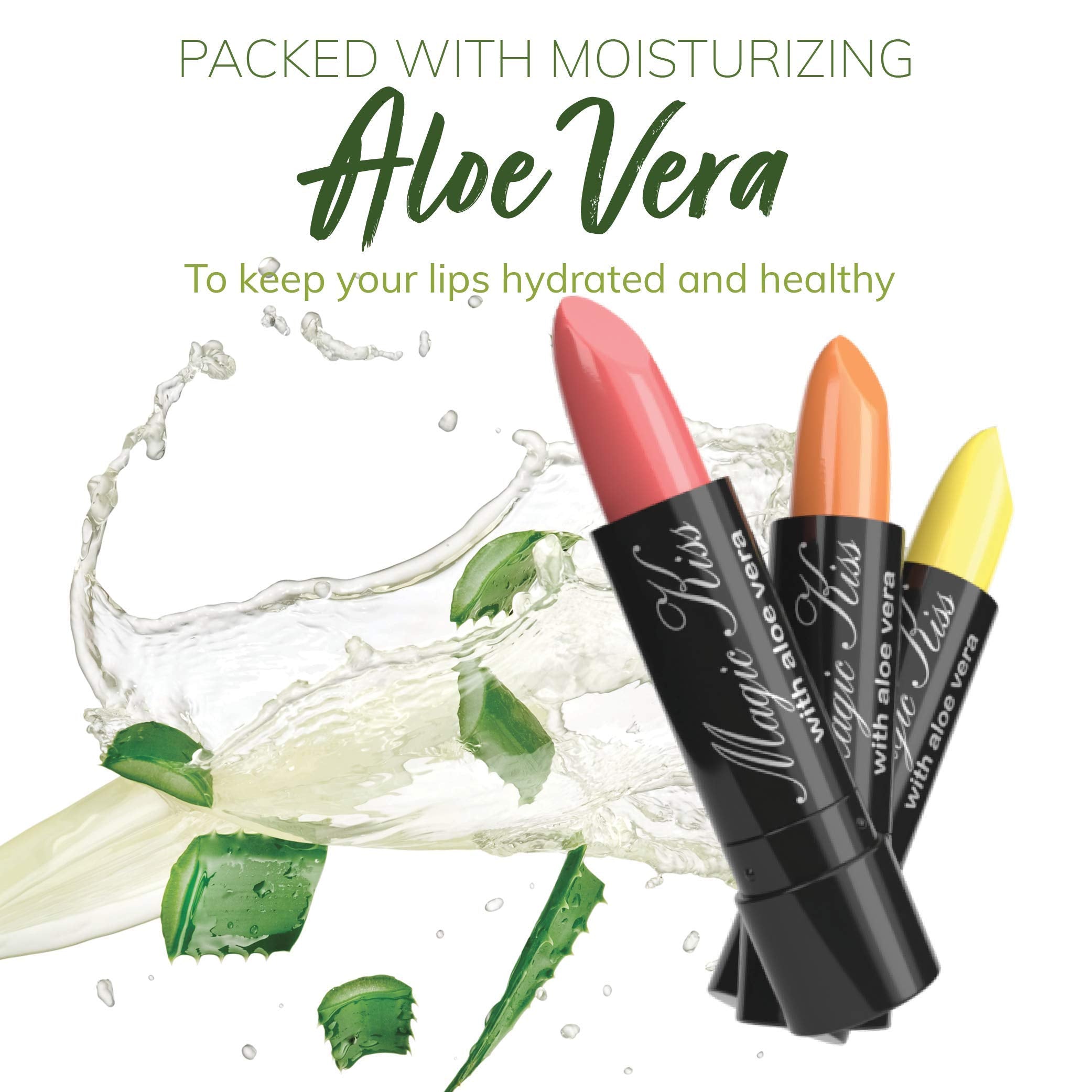 Magic Kiss lipstick application on lips demonstrates quick color-change for on-the-go looks.