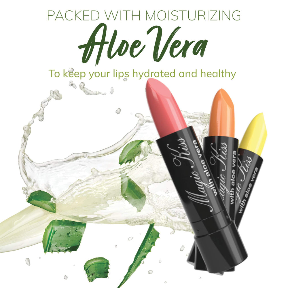 Magic Kiss lipstick application on lips demonstrates quick color-change for on-the-go looks.