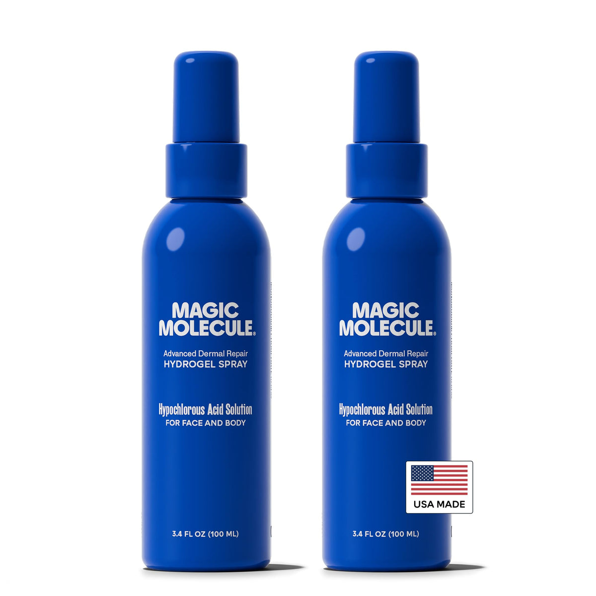Magic Molecule Dermal Repair hydrogel spray bottle close-up showing drip-free application.
