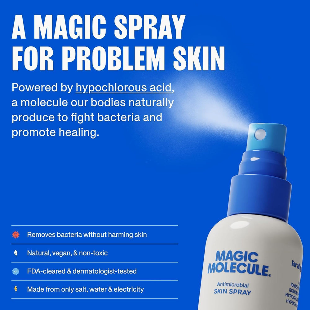 Magic Molecule HOCl spray close-up on skin for calming irritation and cleansing.