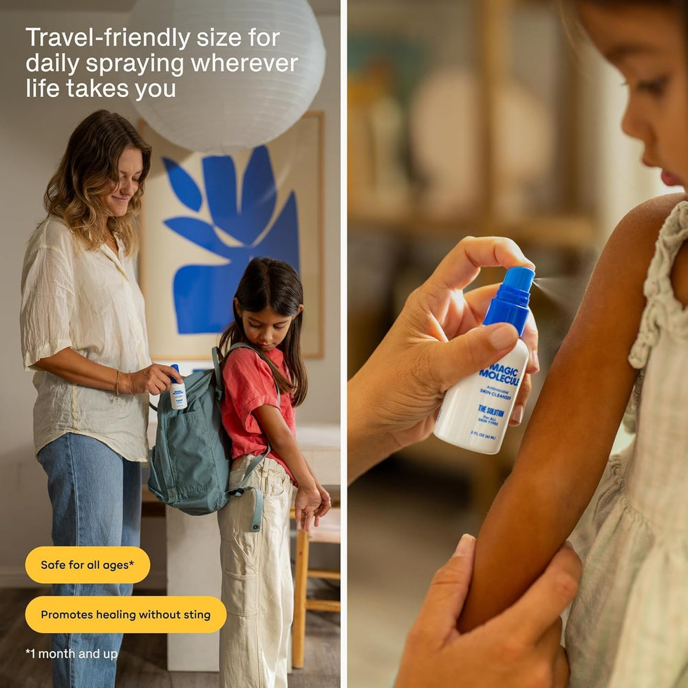 Magic Molecule HOCl spray in hand, portable freshens skin.