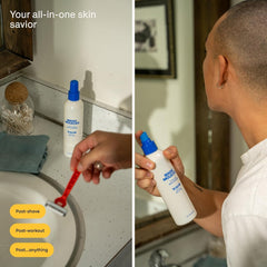 Magic Molecule spray mist application on face, easy daily use for sensitive skin.