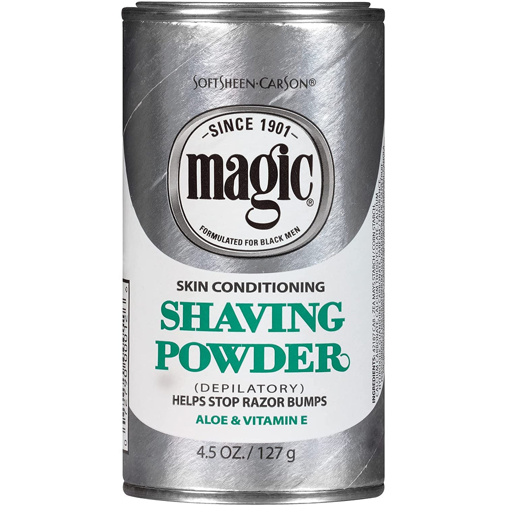 Magic Skin Conditioning Shaving Powder pack-front shows four-pack for convenient grooming.