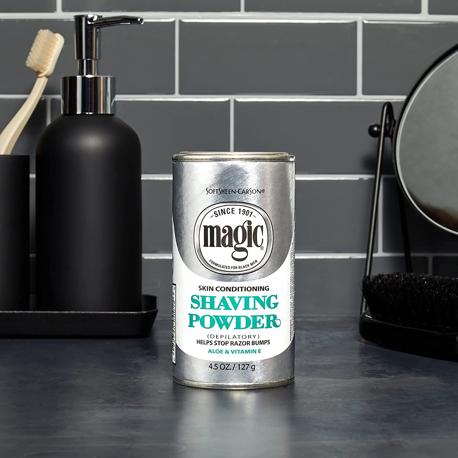 Magic Skin Conditioning Shaving Powder storage-packaging keeps the 4-pack organized.