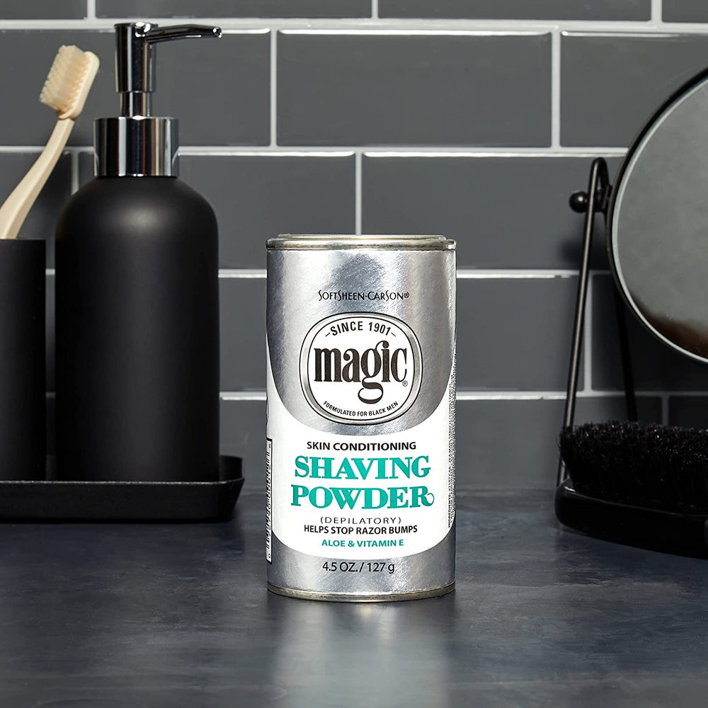 Magic Skin Conditioning Shaving Powder storage-packaging keeps the 4-pack organized.