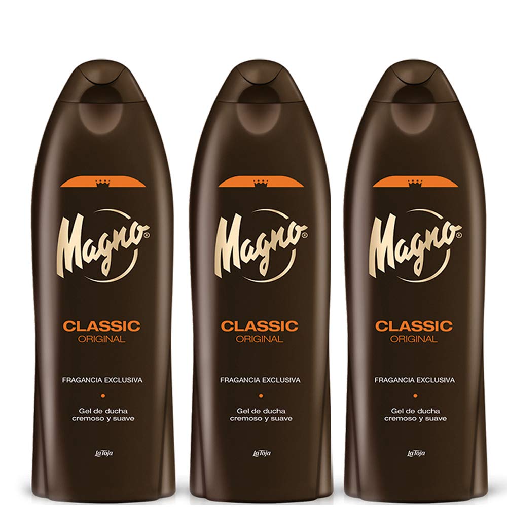 Magno shower gel 3-pack bottles showing mineral-rich formulation and brand heritage