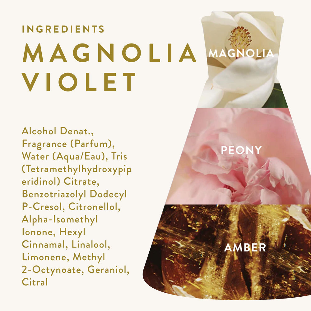Magnolia Violet glass bottle detail highlights luxury and premium feel.