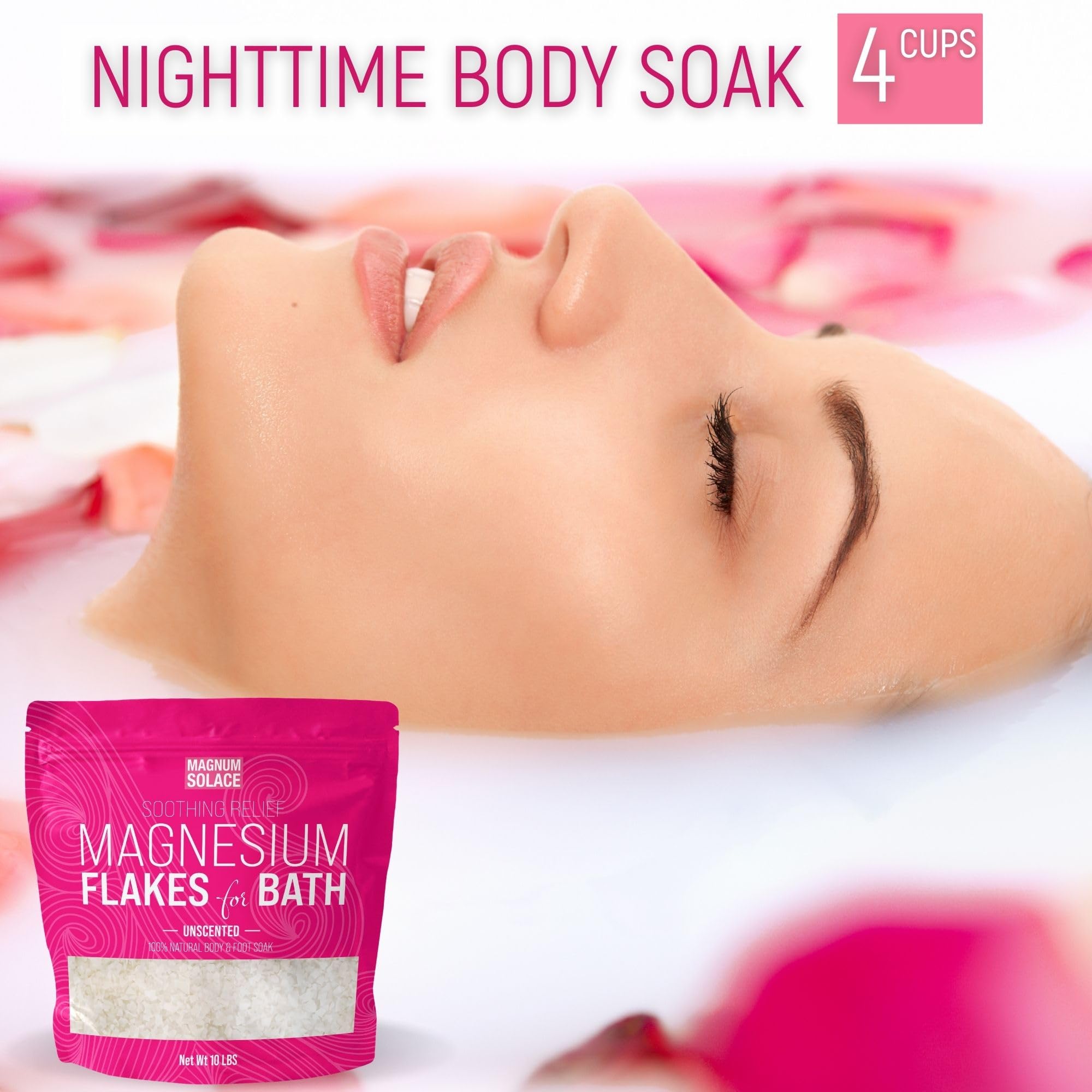 Magnum Solace dead sea origin magnesium flakes emphasize pure minerals sourced from Dead Sea.