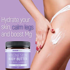 Magnum Solace magnesium body butter applying on legs demonstrates easy, targeted use