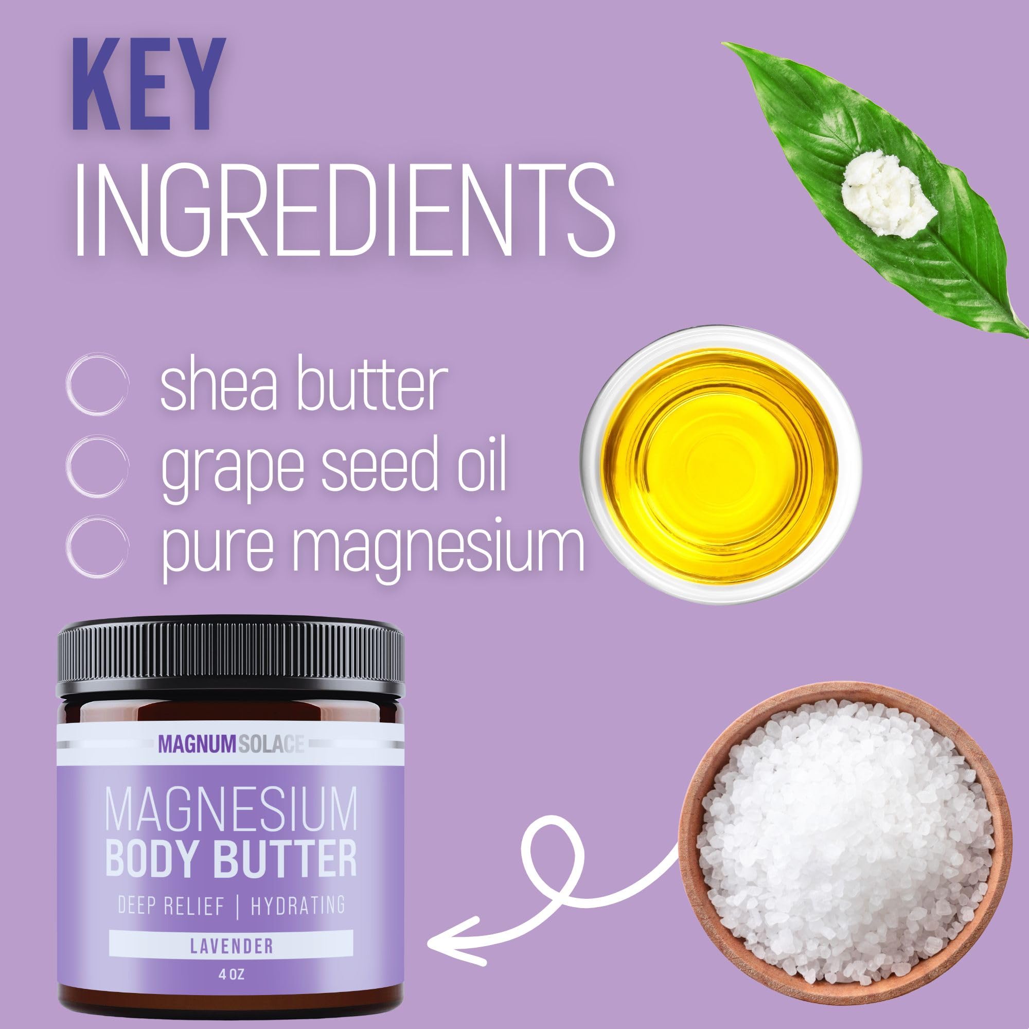 Magnum Solace magnesium body butter packaging shot communicates USA-made, kid-safe product
