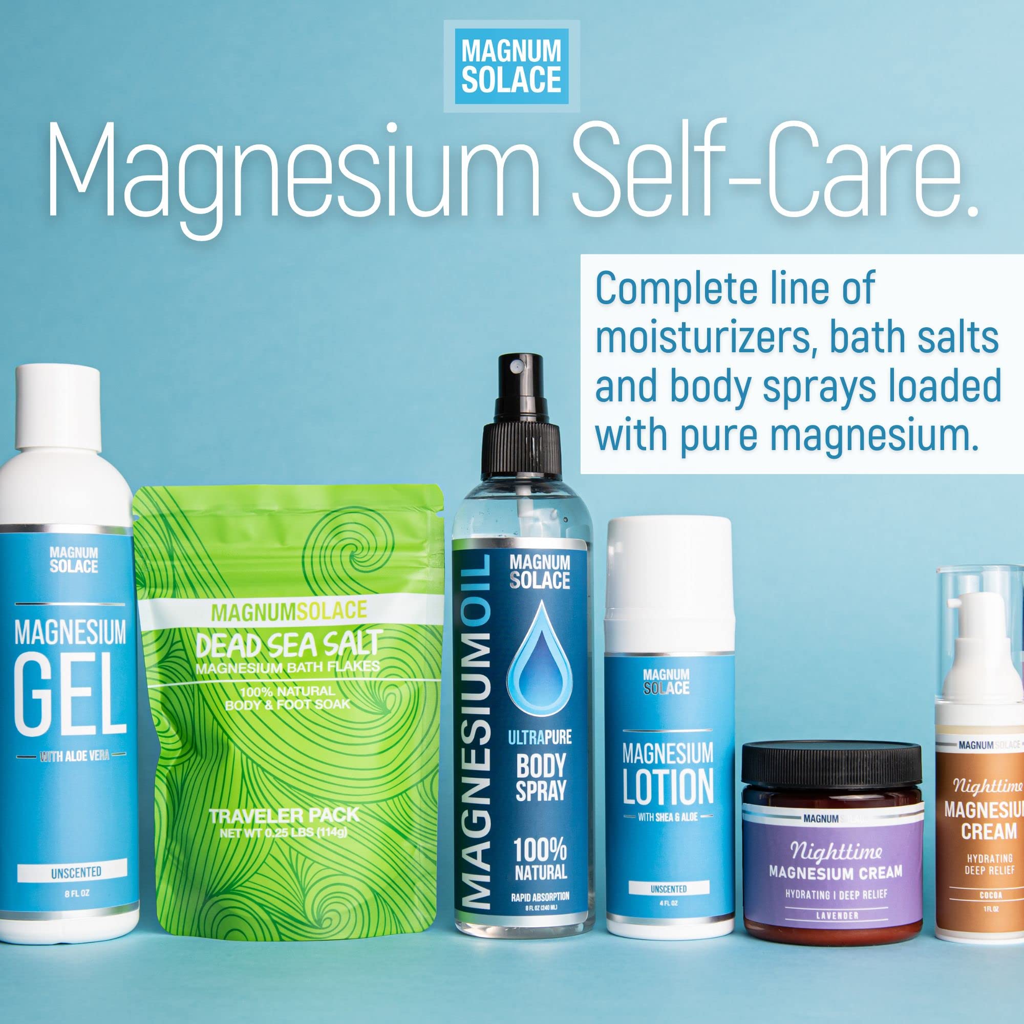 Magnum Solace magnesium cream tub pairing a bath session hinting after-soak nourishment.